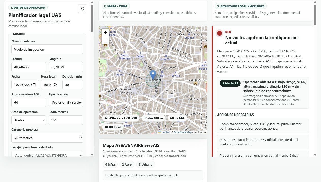 Panel de ODIN Drones con mapa y planificacion UAS