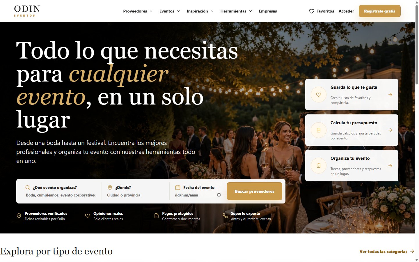 Portada de Odin Eventos con buscador de proveedores
